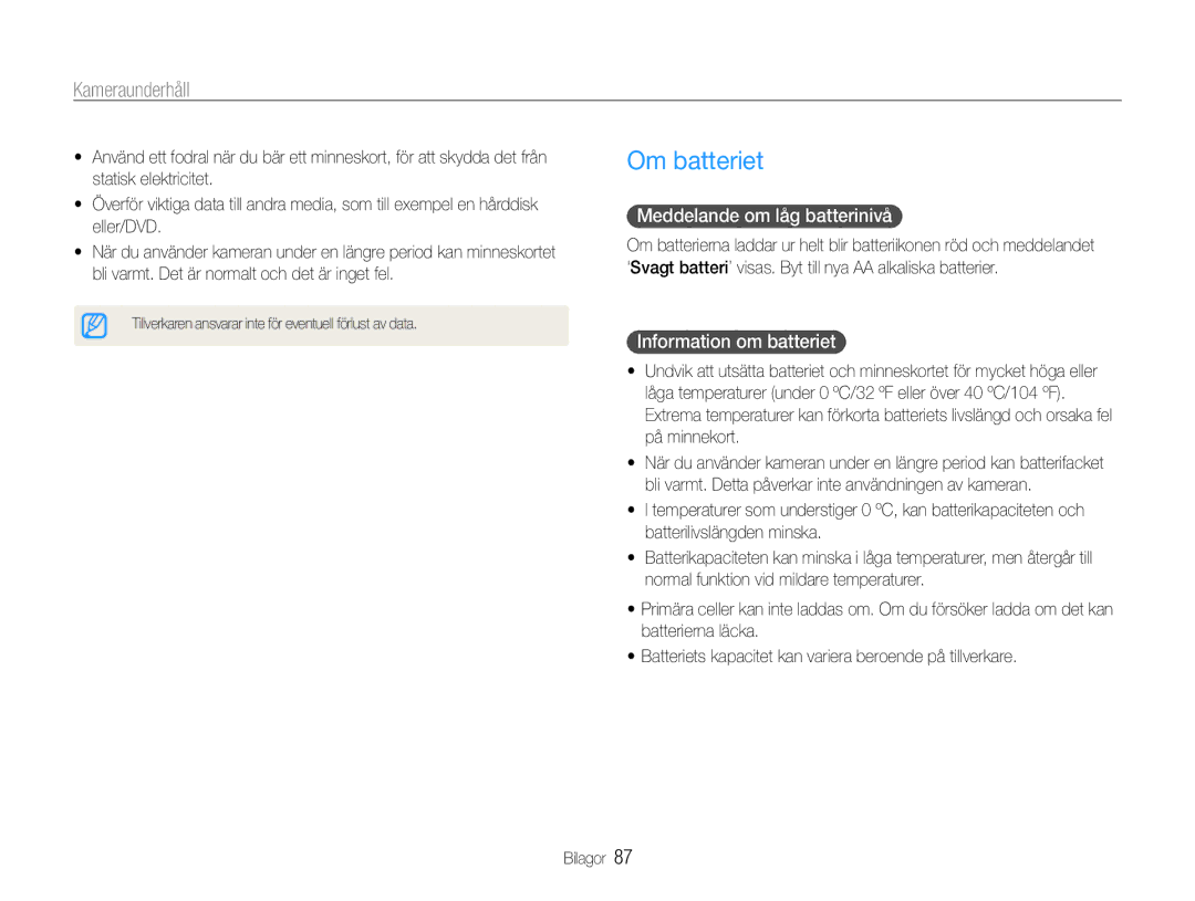 Samsung EC-ES9ZZZBAPE2, EC-ES9ZZZBASE2 manual Om batteriet, Meddelande om låg batterinivå, Information om batteriet 