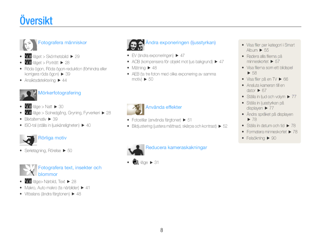 Samsung EC-ES9ZZZBASE2, EC-ES9ZZZBAPE2, EC-ES9ZZZBABE2, EC-ES9ZZZBARE2 manual Översikt, Fotografera människor 