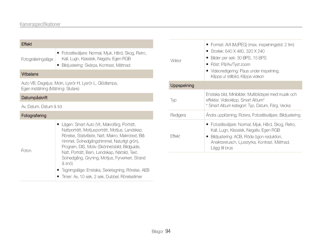 Samsung EC-ES9ZZZBARE2, EC-ES9ZZZBAPE2, EC-ES9ZZZBASE2, EC-ES9ZZZBABE2 manual Kameraspecifikationer 
