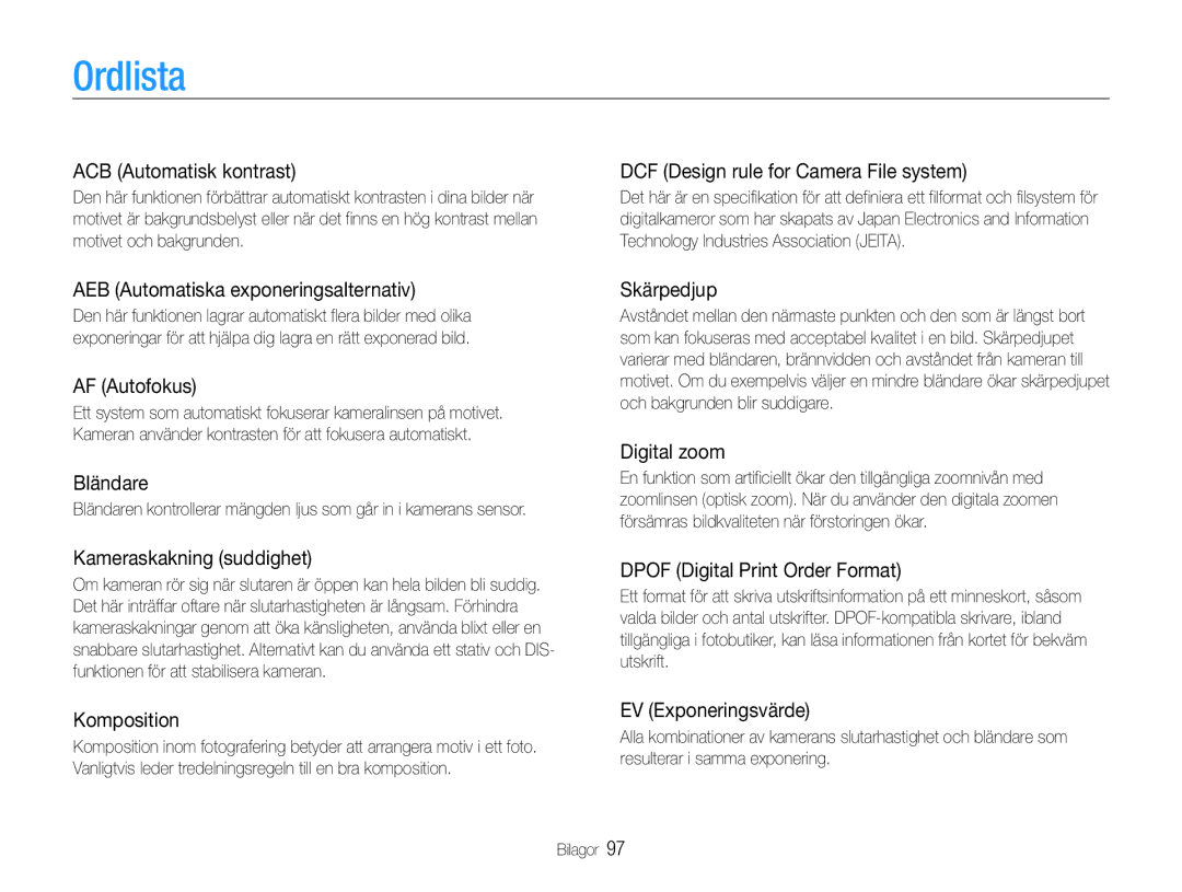 Samsung EC-ES9ZZZBABE2, EC-ES9ZZZBAPE2, EC-ES9ZZZBASE2, EC-ES9ZZZBARE2 manual Ordlista 