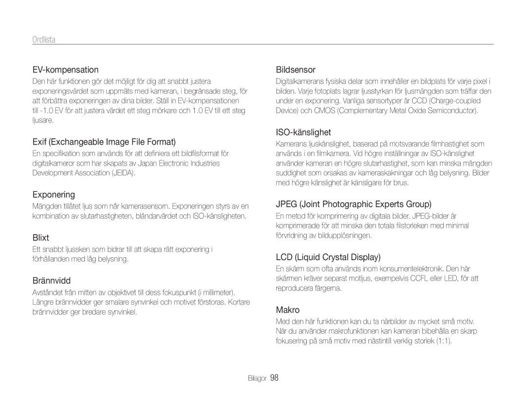 Samsung EC-ES9ZZZBARE2, EC-ES9ZZZBAPE2, EC-ES9ZZZBASE2, EC-ES9ZZZBABE2 manual Ordlista 