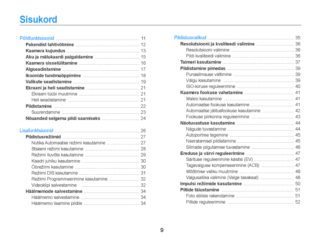 Samsung EC-ES9ZZZBASE2, EC-ES9ZZZBABE2 manual Sisukord, Nõuanded selgema pildi saamiseks 