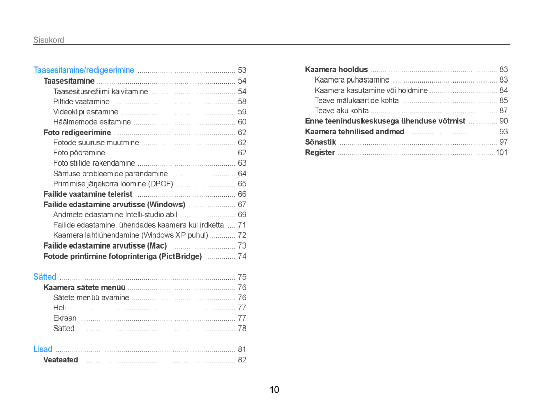 Samsung EC-ES9ZZZBABE2, EC-ES9ZZZBASE2 manual Sisukord﻿, Failide edastamine arvutisse Windows 