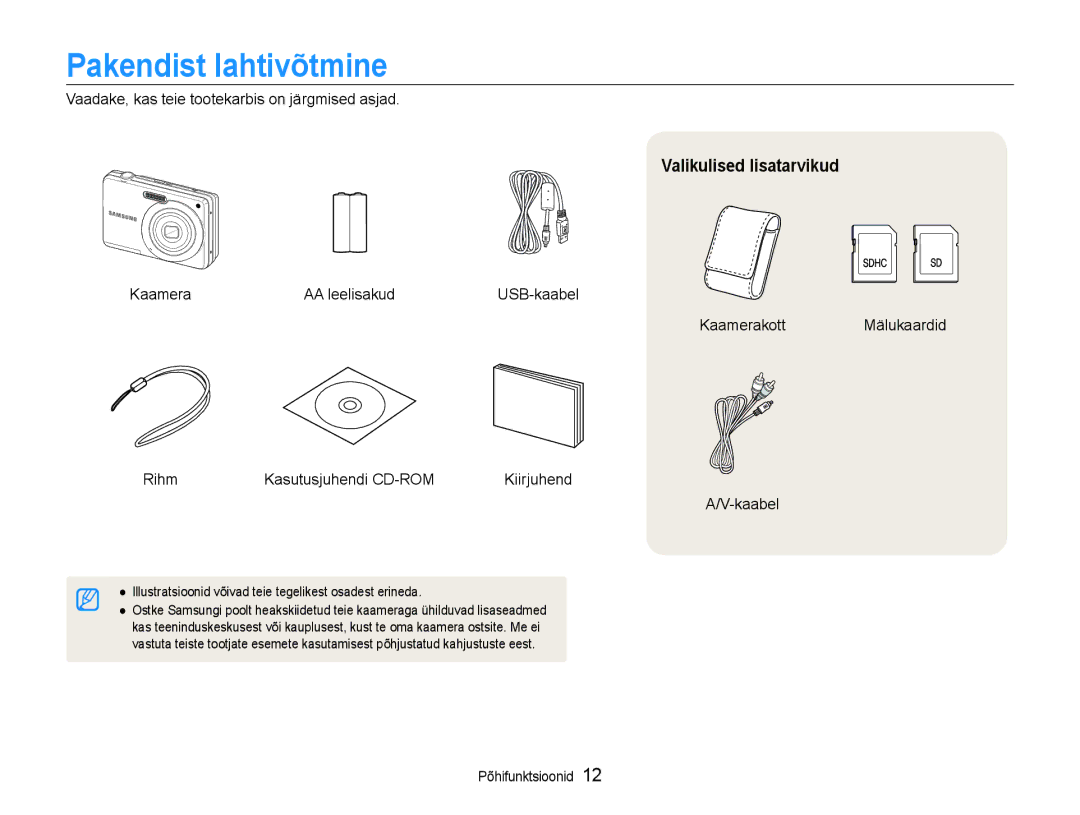 Samsung EC-ES9ZZZBABE2, EC-ES9ZZZBASE2 manual Pakendist lahtivõtmine, Valikulised lisatarvikud 