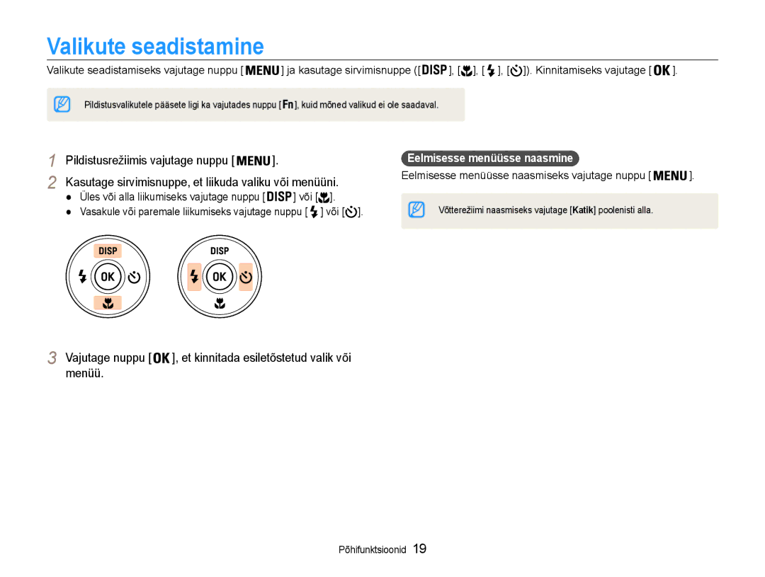 Samsung EC-ES9ZZZBASE2, EC-ES9ZZZBABE2 manual Valikute seadistamine, Pildistusrežiimis vajutage nuppu, Vajutage nuppu, Menüü 