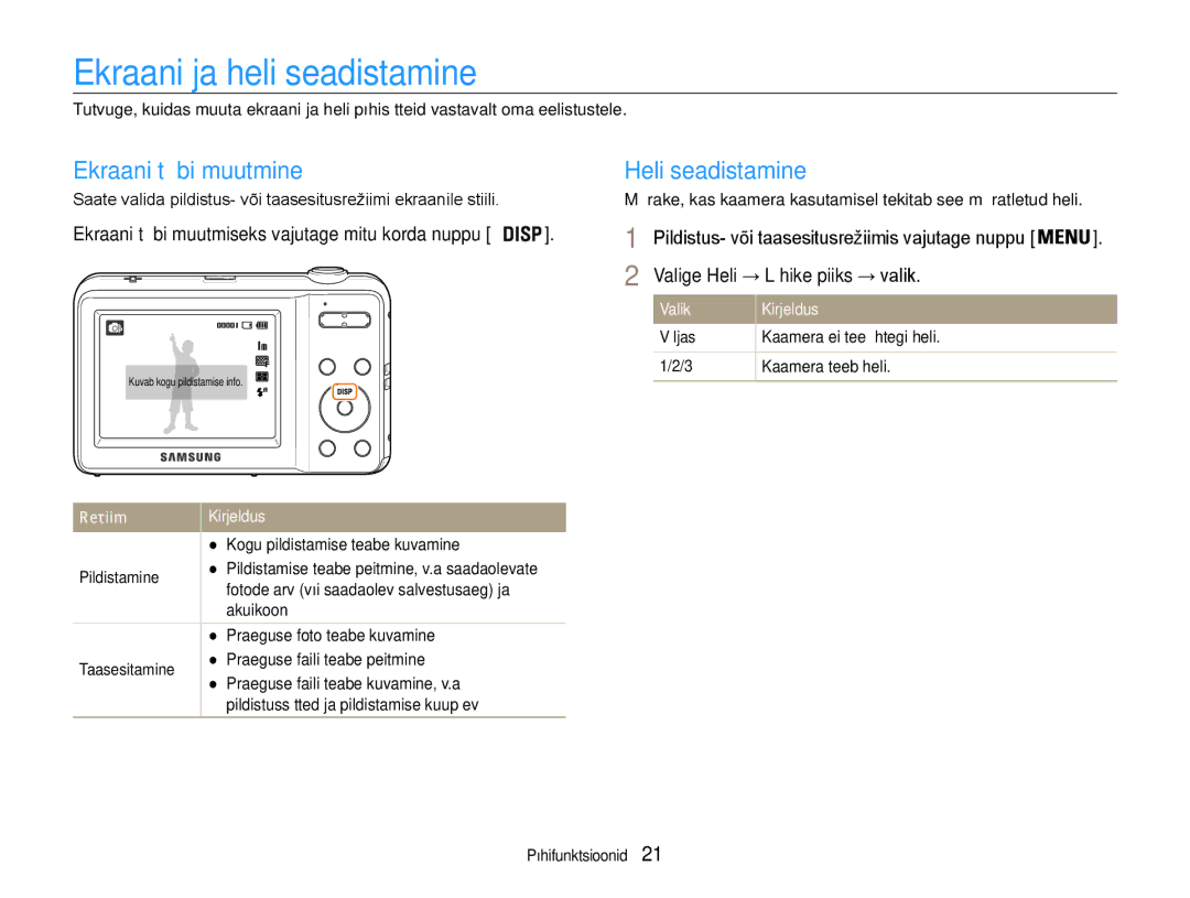 Samsung EC-ES9ZZZBASE2, EC-ES9ZZZBABE2 manual Ekraani ja heli seadistamine, Ekraani tüübi muutmine, Heli seadistamine 