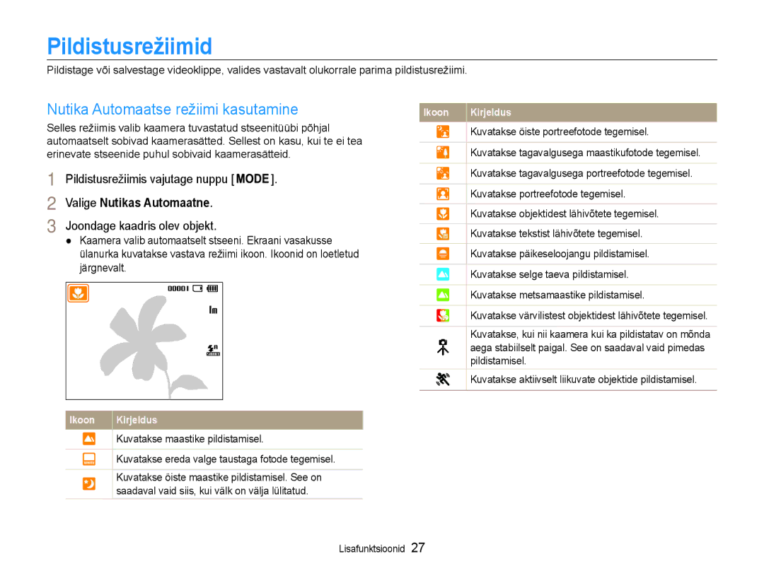 Samsung EC-ES9ZZZBASE2, EC-ES9ZZZBABE2 Pildistusrežiimid, Nutika Automaatse režiimi kasutamine, Valige Nutikas Automaatne 