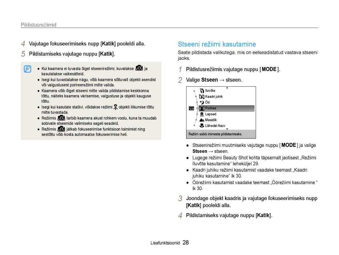 Samsung EC-ES9ZZZBABE2, EC-ES9ZZZBASE2 manual Stseeni režiimi kasutamine, Pildistusrežiimid, Valige Stseen → stseen 