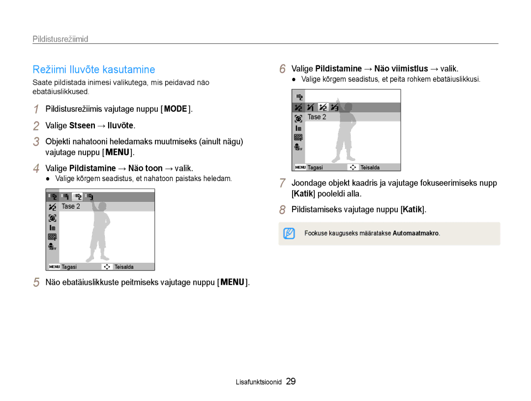 Samsung EC-ES9ZZZBASE2 Režiimi Iluvõte kasutamine, Valige Pildistamine → Näo viimistlus → valik, Valige Stseen → Iluvõte 