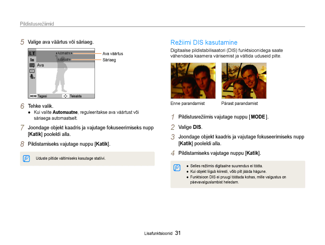 Samsung EC-ES9ZZZBASE2 manual Režiimi DIS kasutamine, Valige ava väärtus või säriaeg, Tehke valik, Enne parandamist 