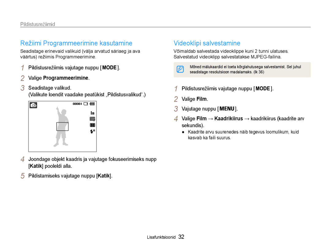 Samsung EC-ES9ZZZBABE2 Režiimi Programmeerimine kasutamine, Videoklipi salvestamine, Valige Programmeerimine, Sekundis 