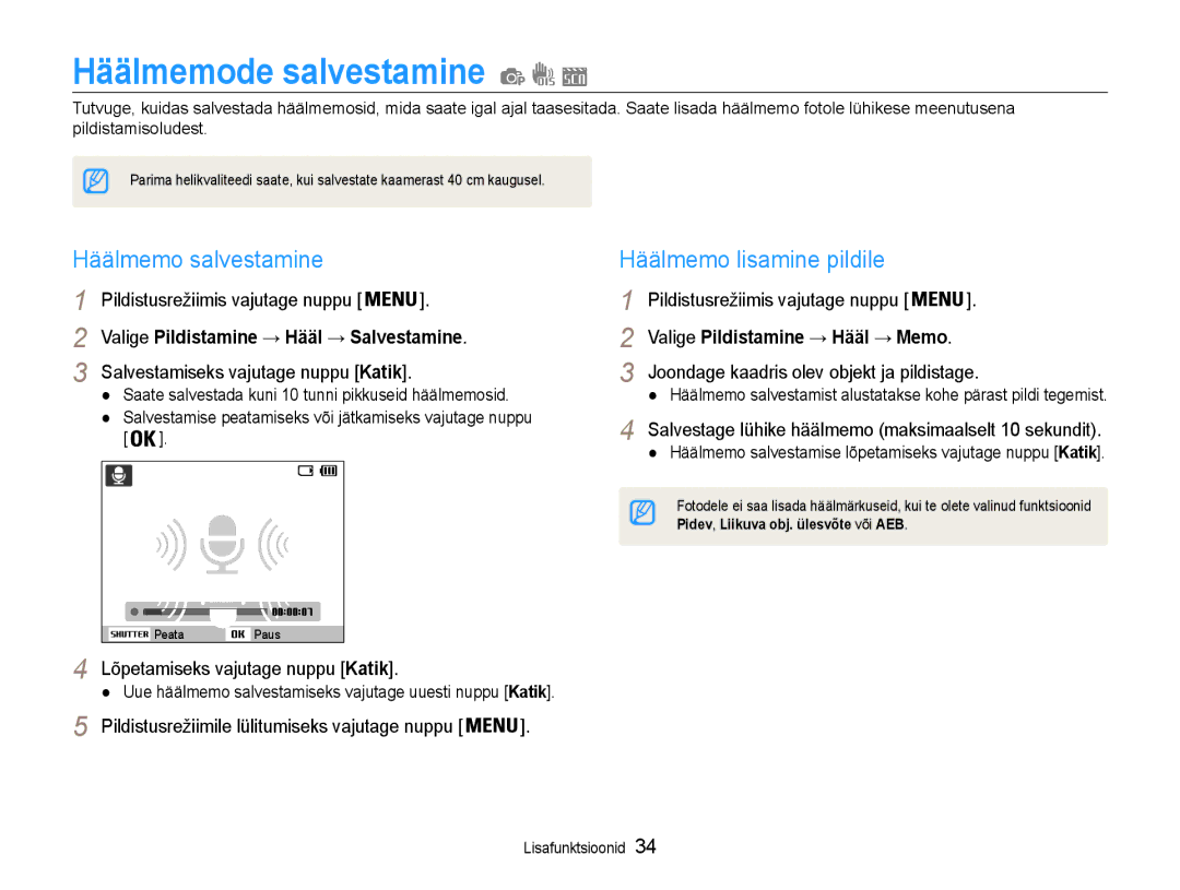 Samsung EC-ES9ZZZBABE2, EC-ES9ZZZBASE2 manual Häälmemode salvestamine, Häälmemo salvestamine, Häälmemo lisamine pildile 