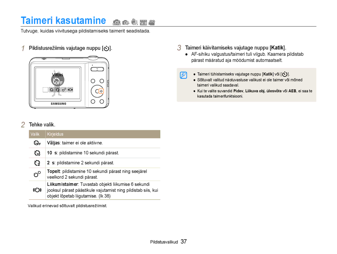 Samsung EC-ES9ZZZBASE2, EC-ES9ZZZBABE2 manual Taimeri kasutamine, Taimeri käivitamiseks vajutage nuppu Katik 