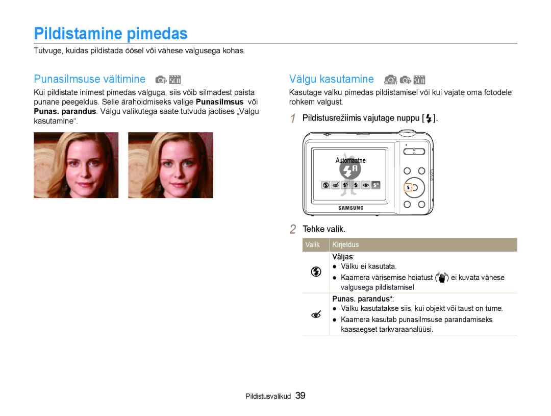 Samsung EC-ES9ZZZBASE2 manual Pildistamine pimedas, Punasilmsuse vältimine, Välgu kasutamine, Väljas, Punas. parandus 