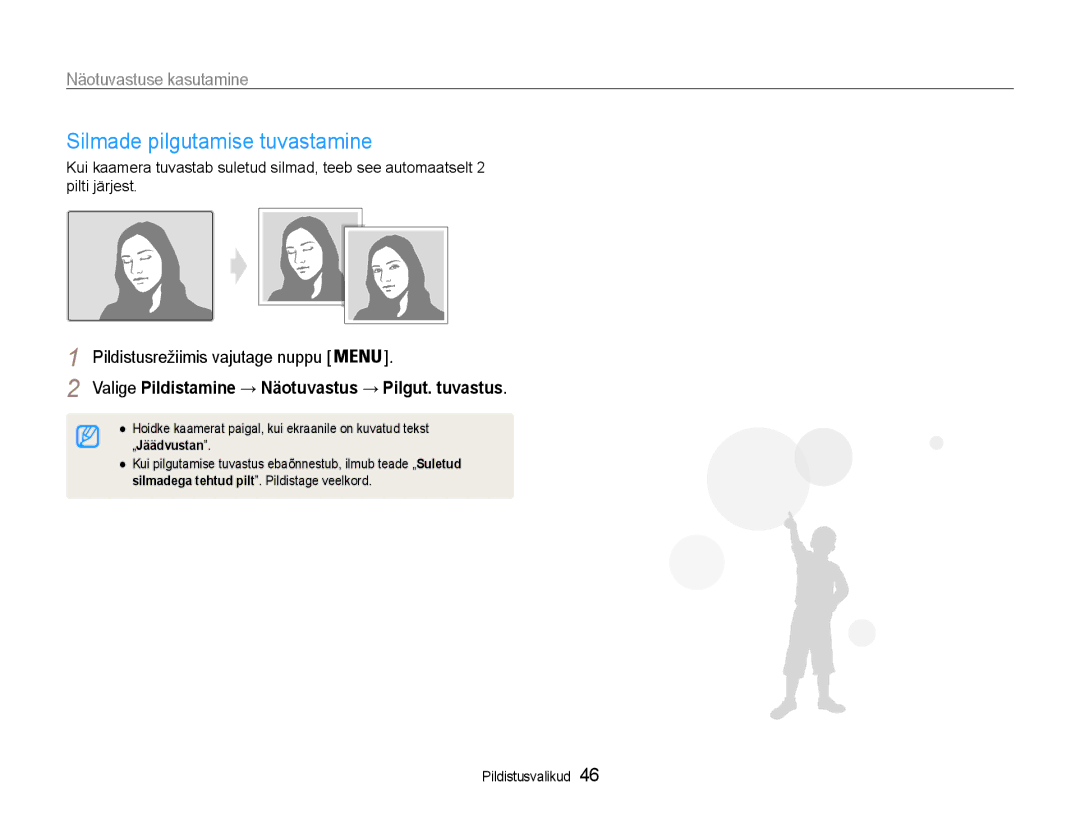 Samsung EC-ES9ZZZBABE2 manual Silmade pilgutamise tuvastamine, Valige Pildistamine → Näotuvastus → Pilgut. tuvastus 