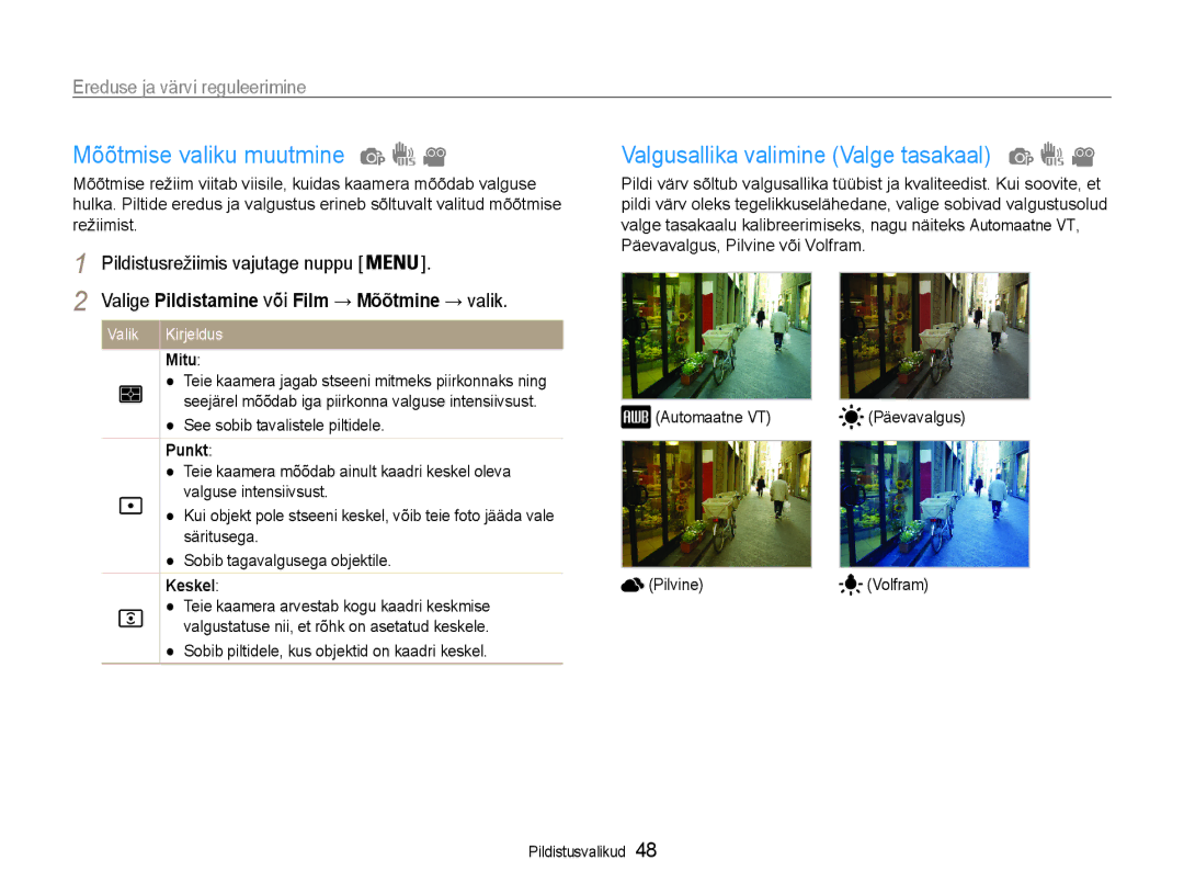 Samsung EC-ES9ZZZBABE2 Mõõtmise valiku muutmine, Valgusallika valimine Valge tasakaal, Ereduse ja värvi reguleerimine 