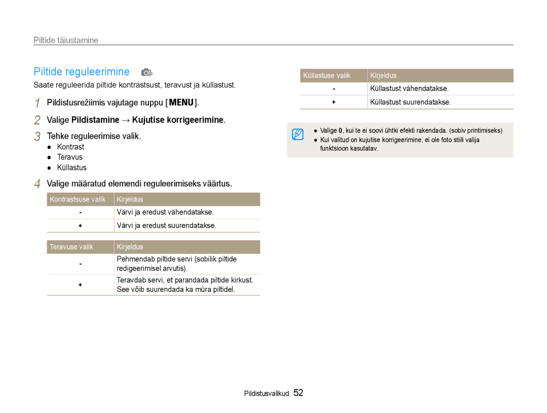 Samsung EC-ES9ZZZBABE2 manual Piltide reguleerimine, Piltide täiustamine, Valige Pildistamine → Kujutise korrigeerimine 