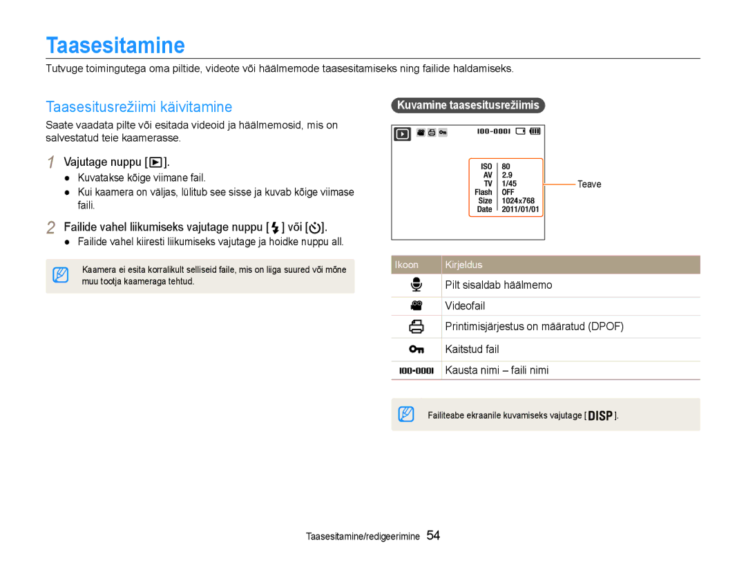 Samsung EC-ES9ZZZBABE2 manual Taasesitamine, Taasesitusrežiimi käivitamine, Failide vahel liikumiseks vajutage nuppu või 