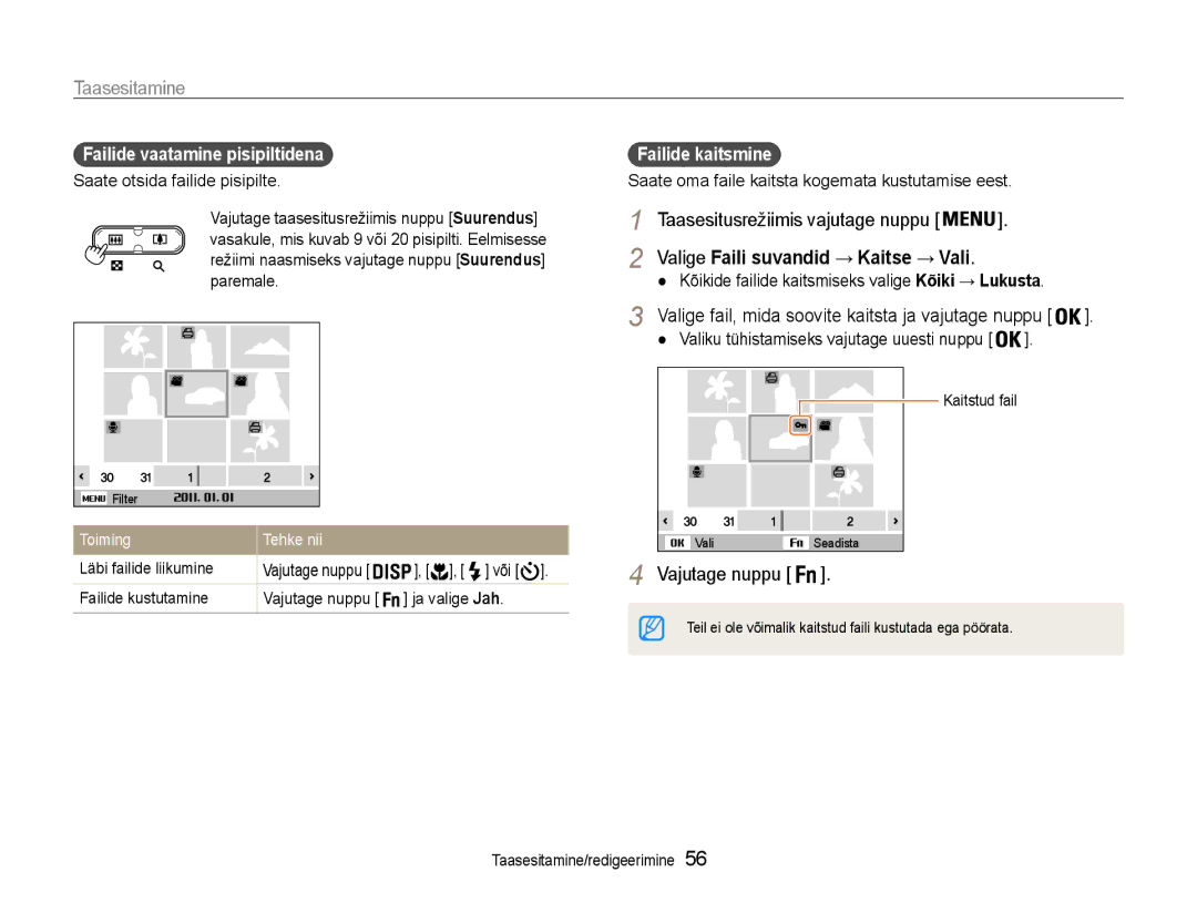 Samsung EC-ES9ZZZBABE2 manual Taasesitusrežiimis vajutage nuppu, Failide vaatamine pisipiltidena, Failide kaitsmine 