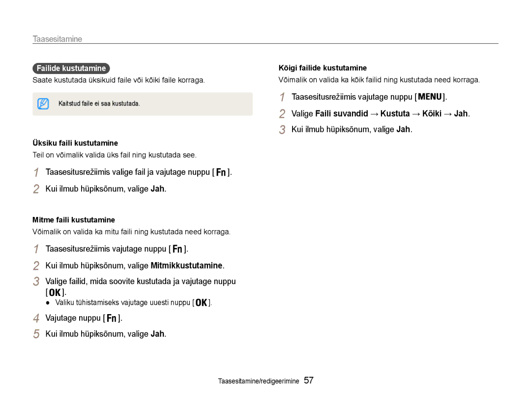 Samsung EC-ES9ZZZBASE2 manual Kui ilmub hüpiksõnum, valige Jah, Kõigi failide kustutamine, Üksiku faili kustutamine 