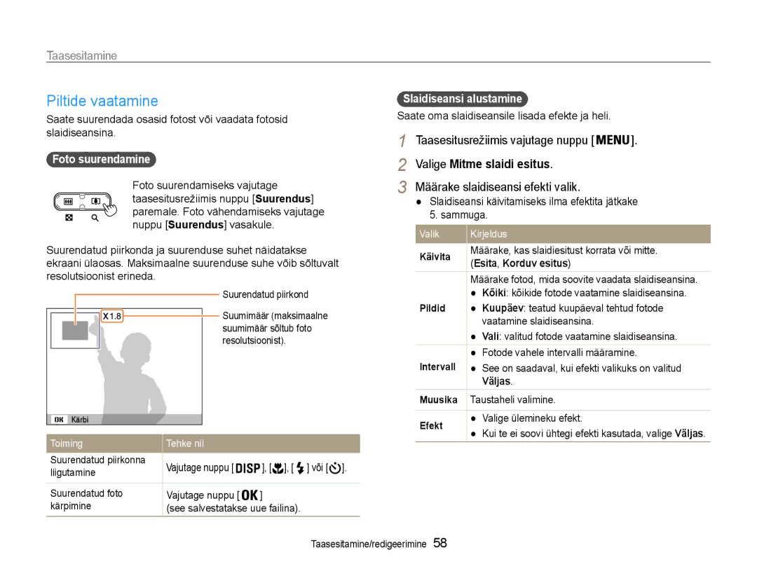 Samsung EC-ES9ZZZBABE2 manual Valige Mitme slaidi esitus, Määrake slaidiseansi efekti valik, Esita , Korduv esitus 