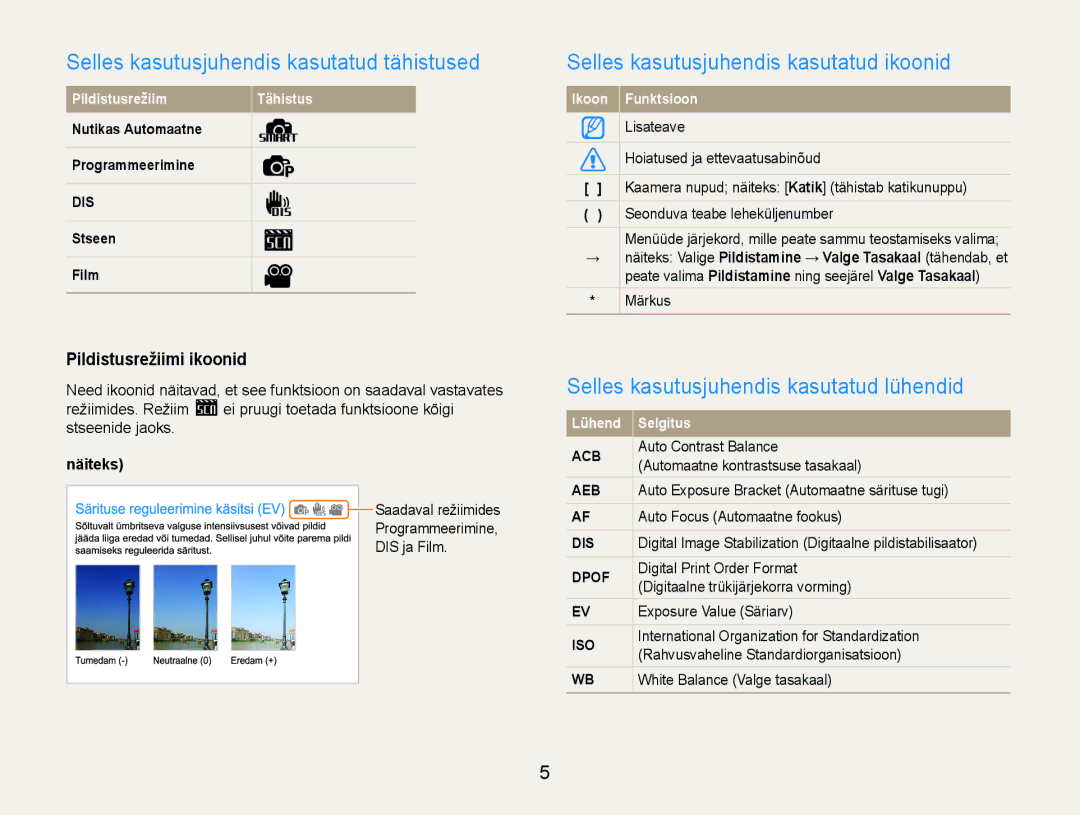 Samsung EC-ES9ZZZBASE2 manual Selles kasutusjuhendis kasutatud tähistused, Selles kasutusjuhendis kasutatud ikoonid 