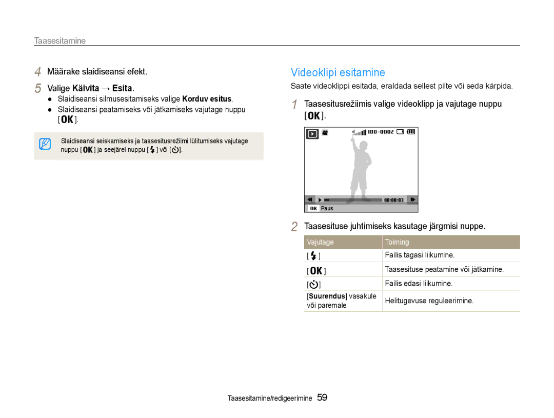 Samsung EC-ES9ZZZBASE2, EC-ES9ZZZBABE2 manual Videoklipi esitamine, Määrake slaidiseansi efekt, Valige Käivita → Esita 