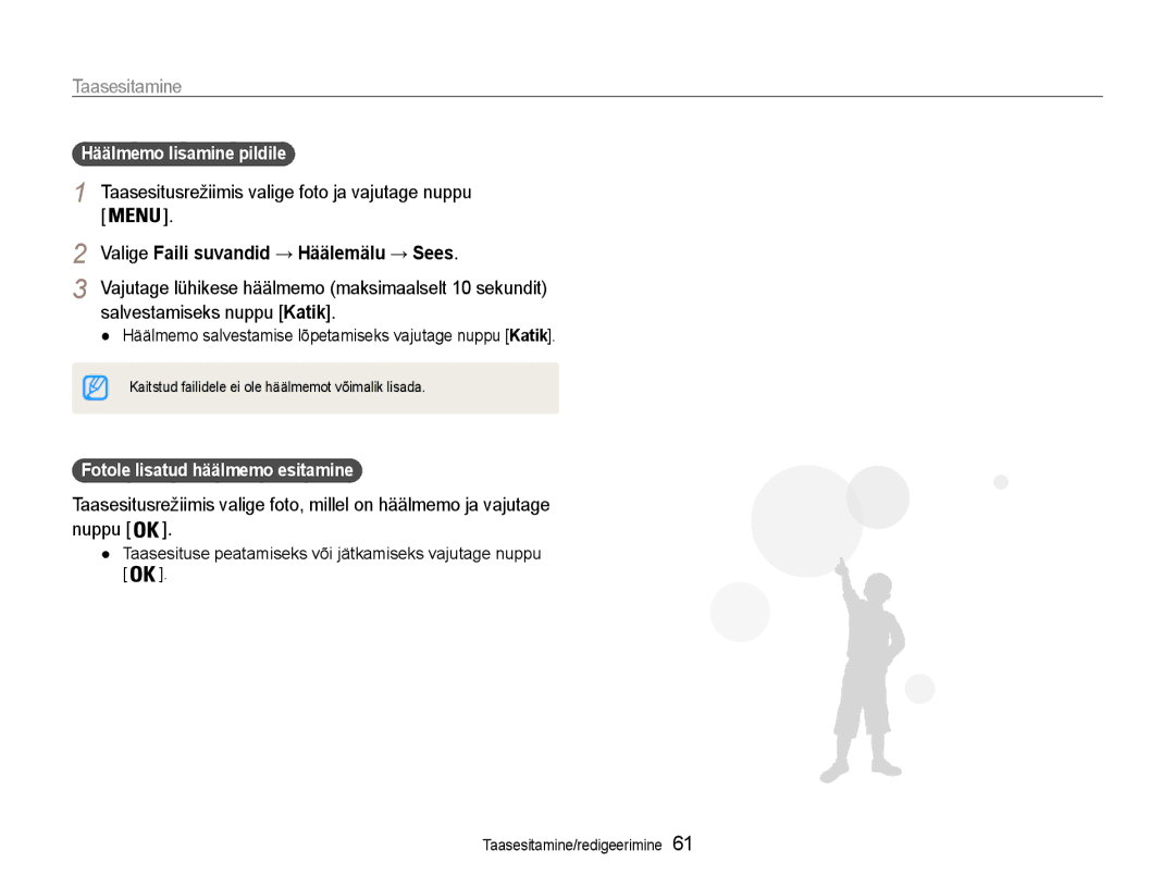 Samsung EC-ES9ZZZBASE2 manual Taasesitusrežiimis valige foto ja vajutage nuppu, Valige Faili suvandid → Häälemälu → Sees 