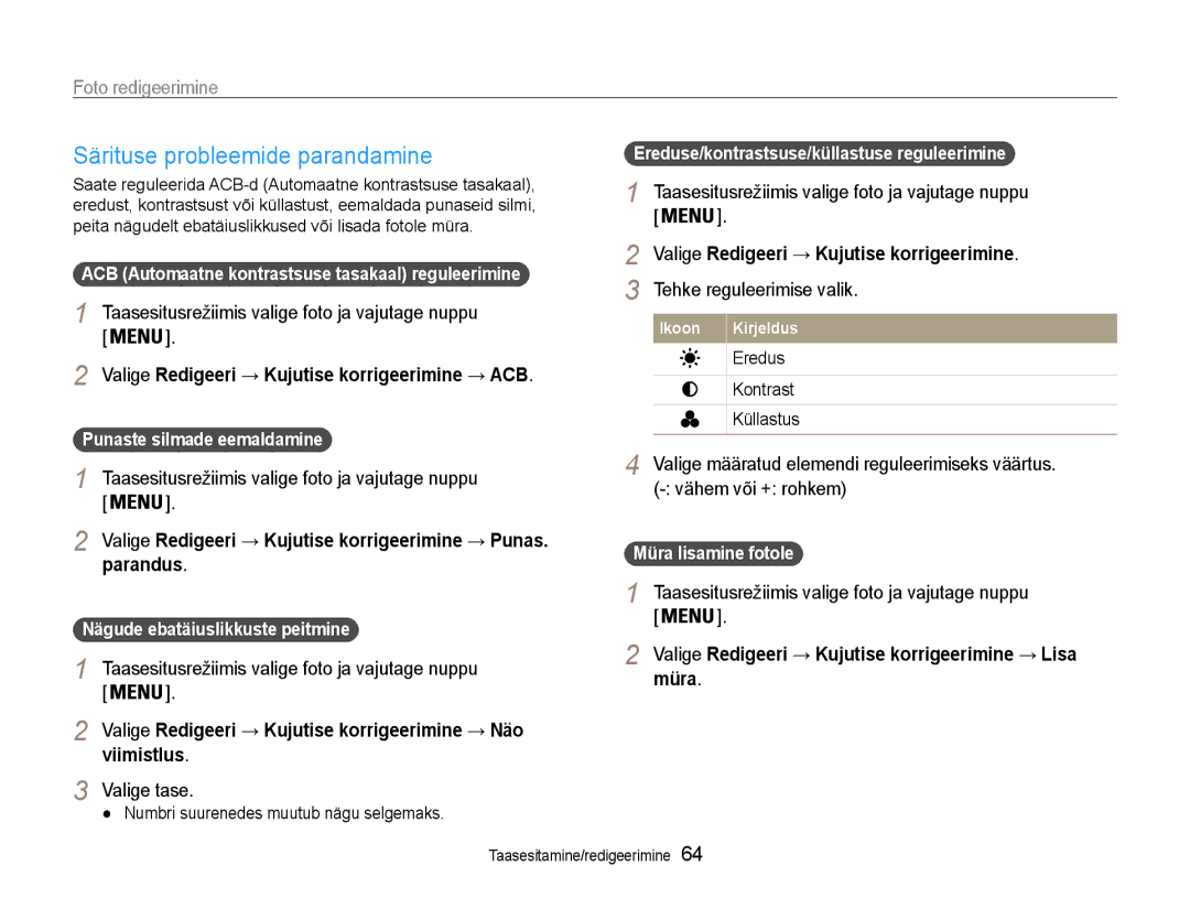 Samsung EC-ES9ZZZBABE2 Särituse probleemide parandamine, Valige Redigeeri → Kujutise korrigeerimine, Vähem või + rohkem 