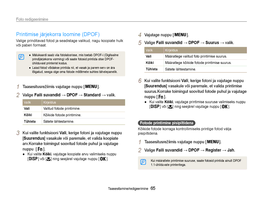 Samsung EC-ES9ZZZBASE2, EC-ES9ZZZBABE2 Printimise järjekorra loomine Dpof, Valige Faili suvandid → Dpof → Suurus → valik 