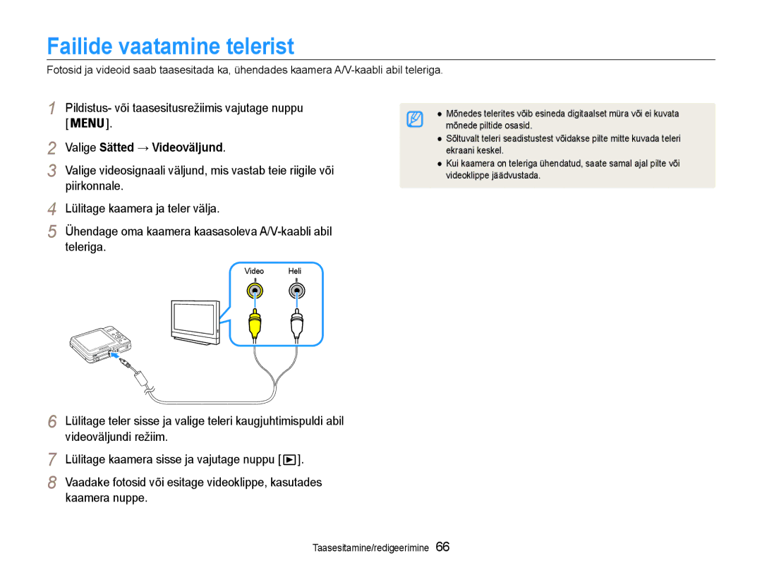 Samsung EC-ES9ZZZBABE2, EC-ES9ZZZBASE2 manual Failide vaatamine telerist, Valige Sätted → Videoväljund 