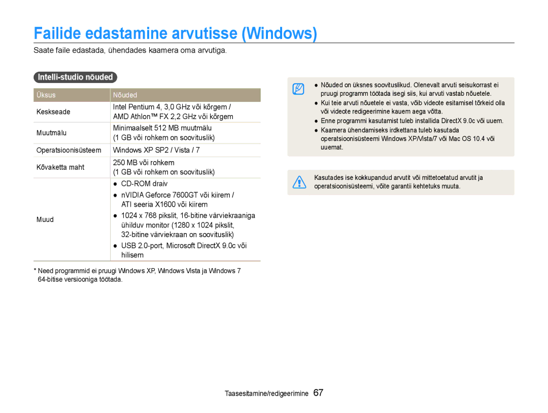 Samsung EC-ES9ZZZBASE2, EC-ES9ZZZBABE2 manual Failide edastamine arvutisse Windows, Intelli-studio nõuded 