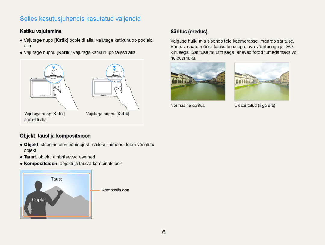 Samsung EC-ES9ZZZBABE2 manual Selles kasutusjuhendis kasutatud väljendid, Katiku vajutamine, Objekt, taust ja kompositsioon 