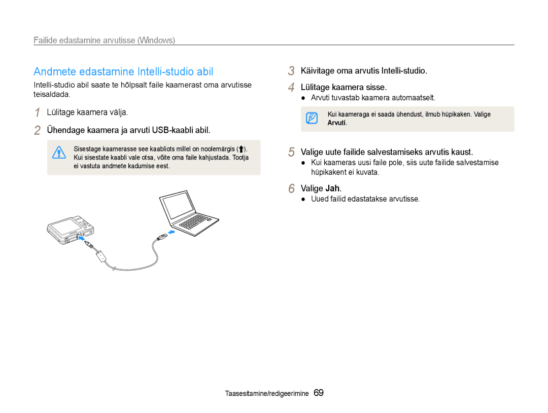 Samsung EC-ES9ZZZBASE2 Andmete edastamine Intelli-studio abil, Käivitage oma arvutis Intelli-studio Lülitage kaamera sisse 