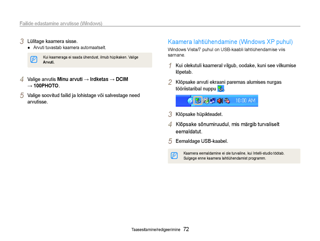 Samsung EC-ES9ZZZBABE2 Kaamera lahtiühendamine Windows XP puhul, Valige arvutis Minu arvuti → Irdketas → Dcim → 100PHOTO 