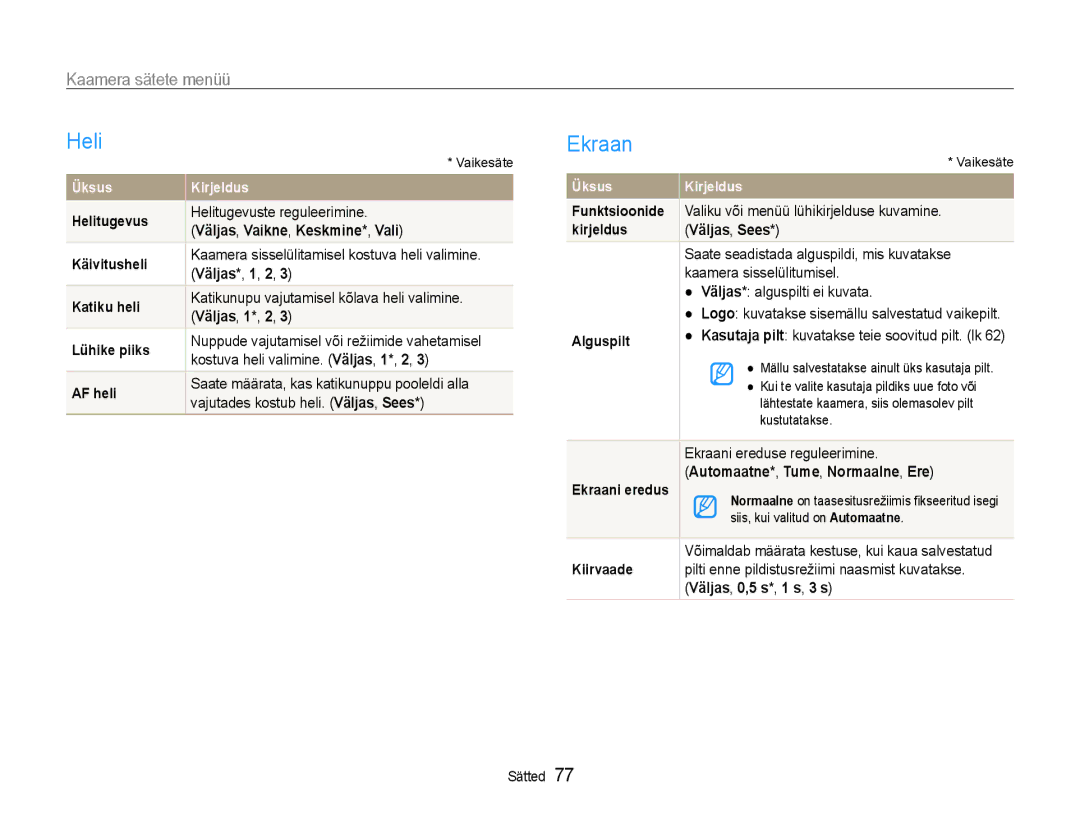 Samsung EC-ES9ZZZBASE2, EC-ES9ZZZBABE2 manual Heli, Ekraan, Kaamera sätete menüü 