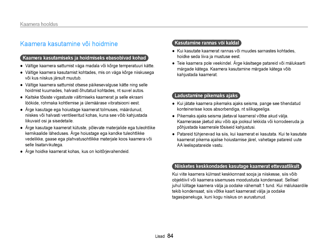 Samsung EC-ES9ZZZBABE2, EC-ES9ZZZBASE2 manual Kaamera kasutamine või hoidmine, Kaamera hooldus 