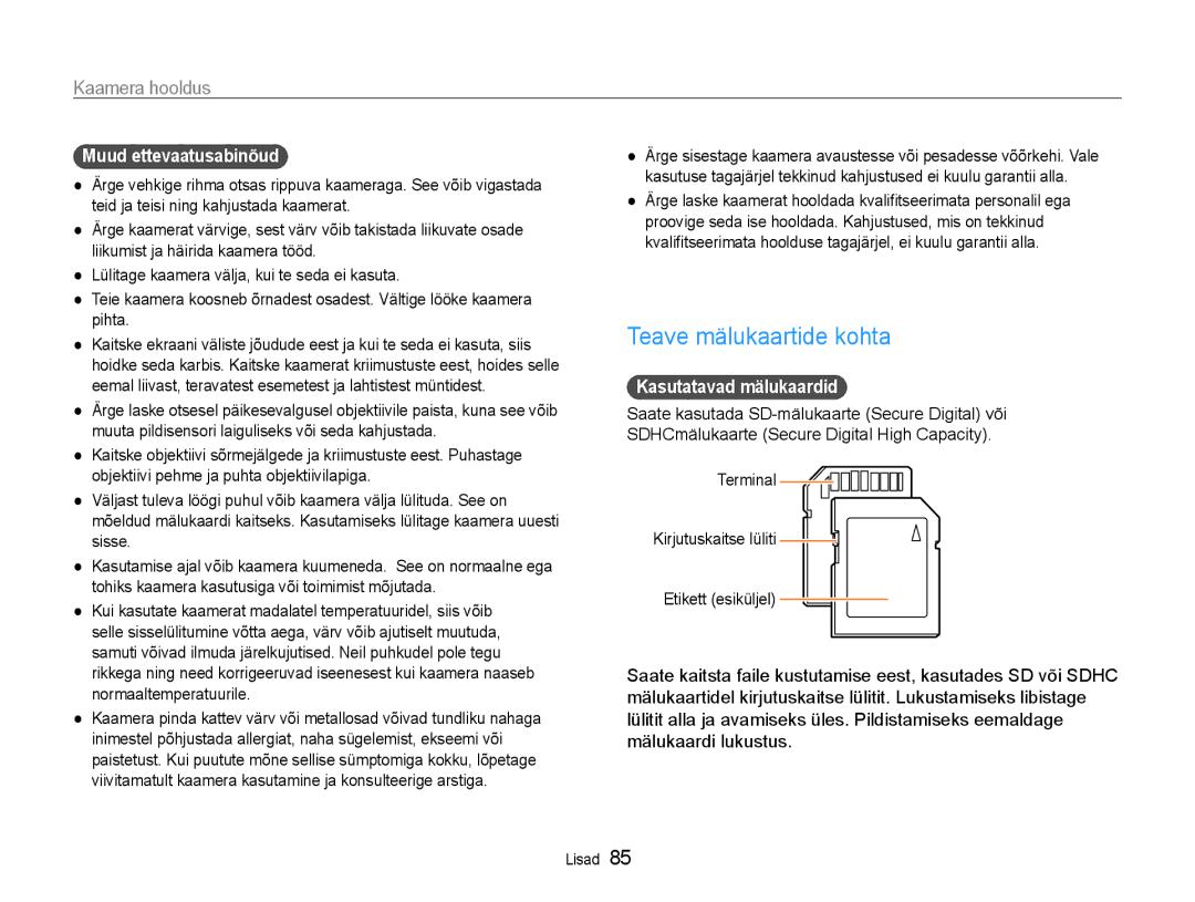 Samsung EC-ES9ZZZBASE2, EC-ES9ZZZBABE2 manual Teave mälukaartide kohta, Muud ettevaatusabinõud, Kasutatavad mälukaardid 