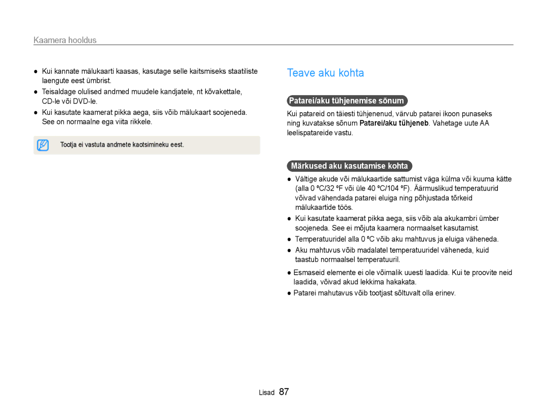 Samsung EC-ES9ZZZBASE2, EC-ES9ZZZBABE2 manual Teave aku kohta, Patarei/aku tühjenemise sõnum, Märkused aku kasutamise kohta 