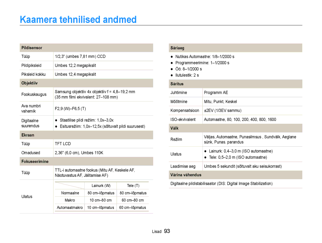 Samsung EC-ES9ZZZBASE2, EC-ES9ZZZBABE2 manual Kaamera tehnilised andmed 