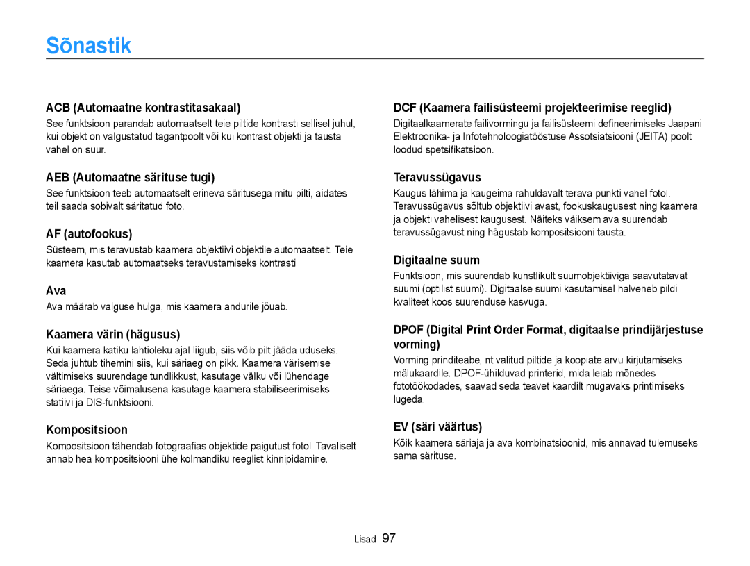 Samsung EC-ES9ZZZBASE2, EC-ES9ZZZBABE2 manual Sõnastik 