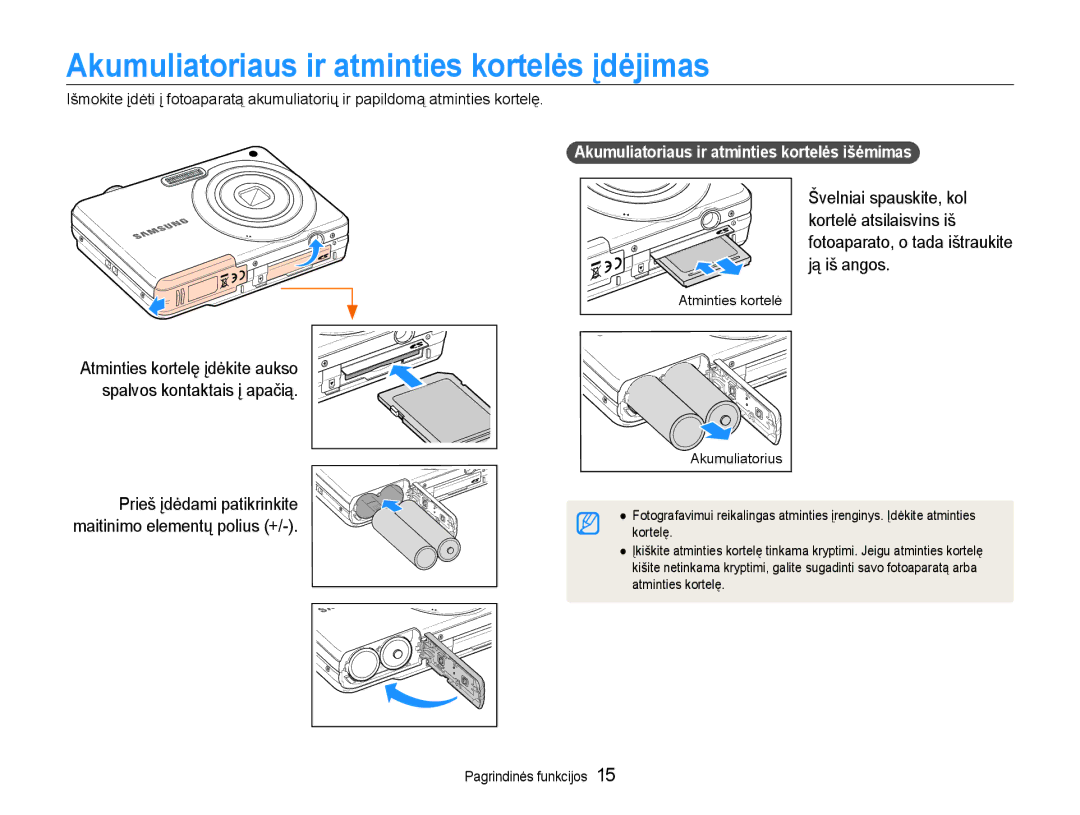 Samsung EC-ES9ZZZBASE2 Akumuliatoriaus ir atminties kortelės įdėjimas, Akumuliatoriaus ir atminties kortelės išėmimas 