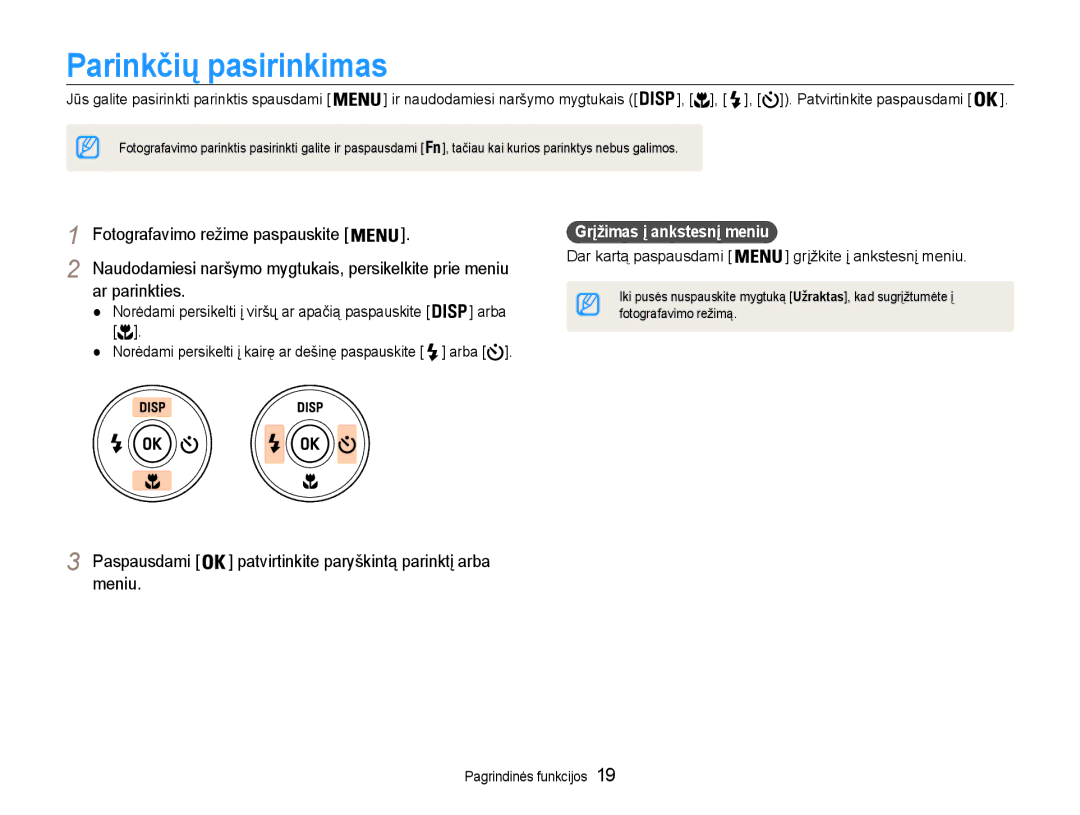 Samsung EC-ES9ZZZBASE2 manual Parinkčių pasirinkimas, Ar parinkties, Paspausdami, Meniu, Grįžimas į ankstesnį meniu 