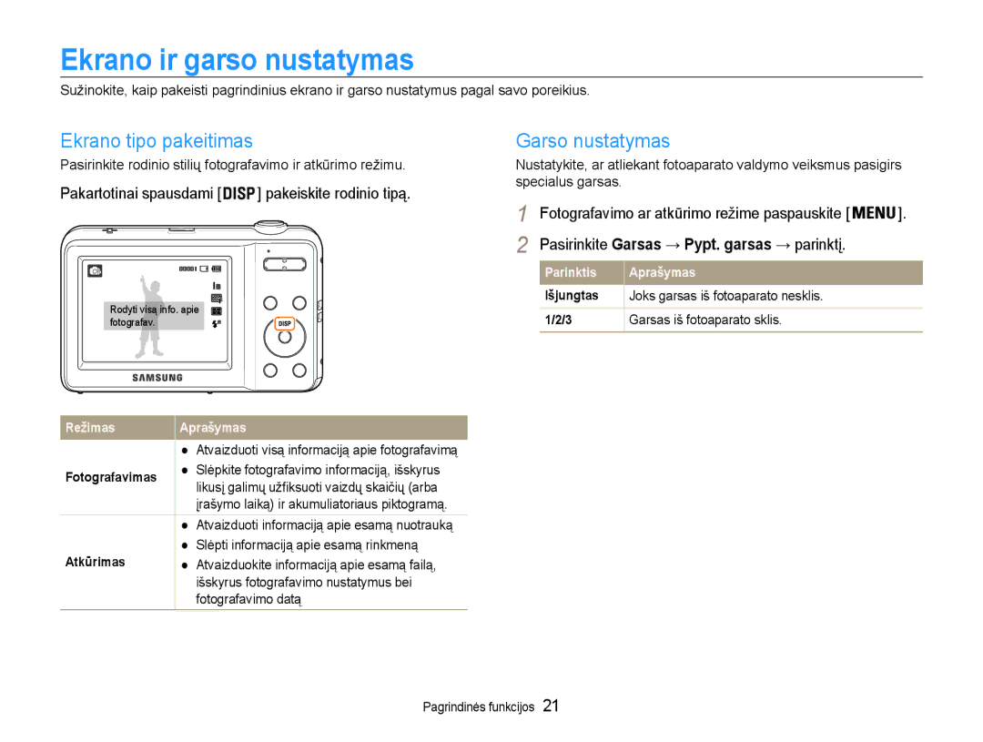 Samsung EC-ES9ZZZBASE2, EC-ES9ZZZBABE2 manual Ekrano ir garso nustatymas, Ekrano tipo pakeitimas, Garso nustatymas 