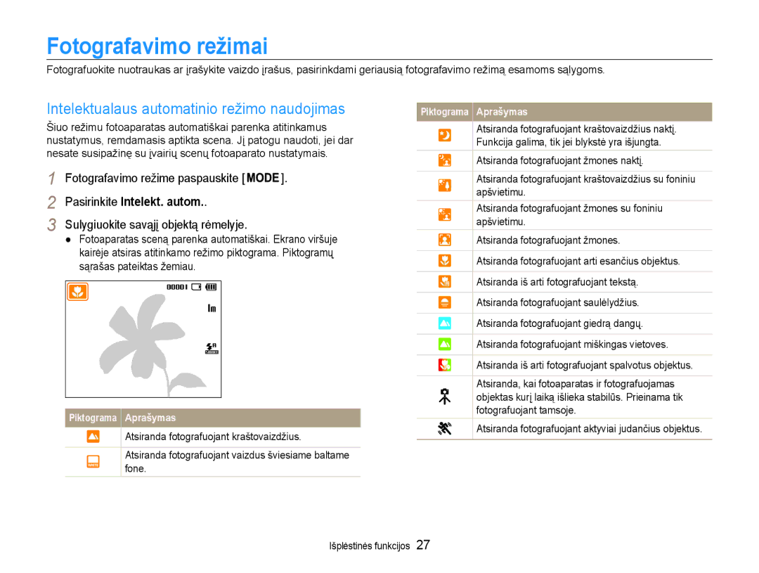 Samsung EC-ES9ZZZBASE2 Fotografavimo režimai, Intelektualaus automatinio režimo naudojimas, Pasirinkite Intelekt. autom 