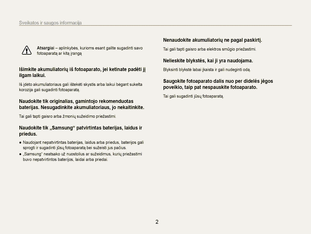 Samsung EC-ES9ZZZBABE2, EC-ES9ZZZBASE2 manual Sveikatos ir saugos informacija, Nenaudokite akumuliatorių ne pagal paskirtį 
