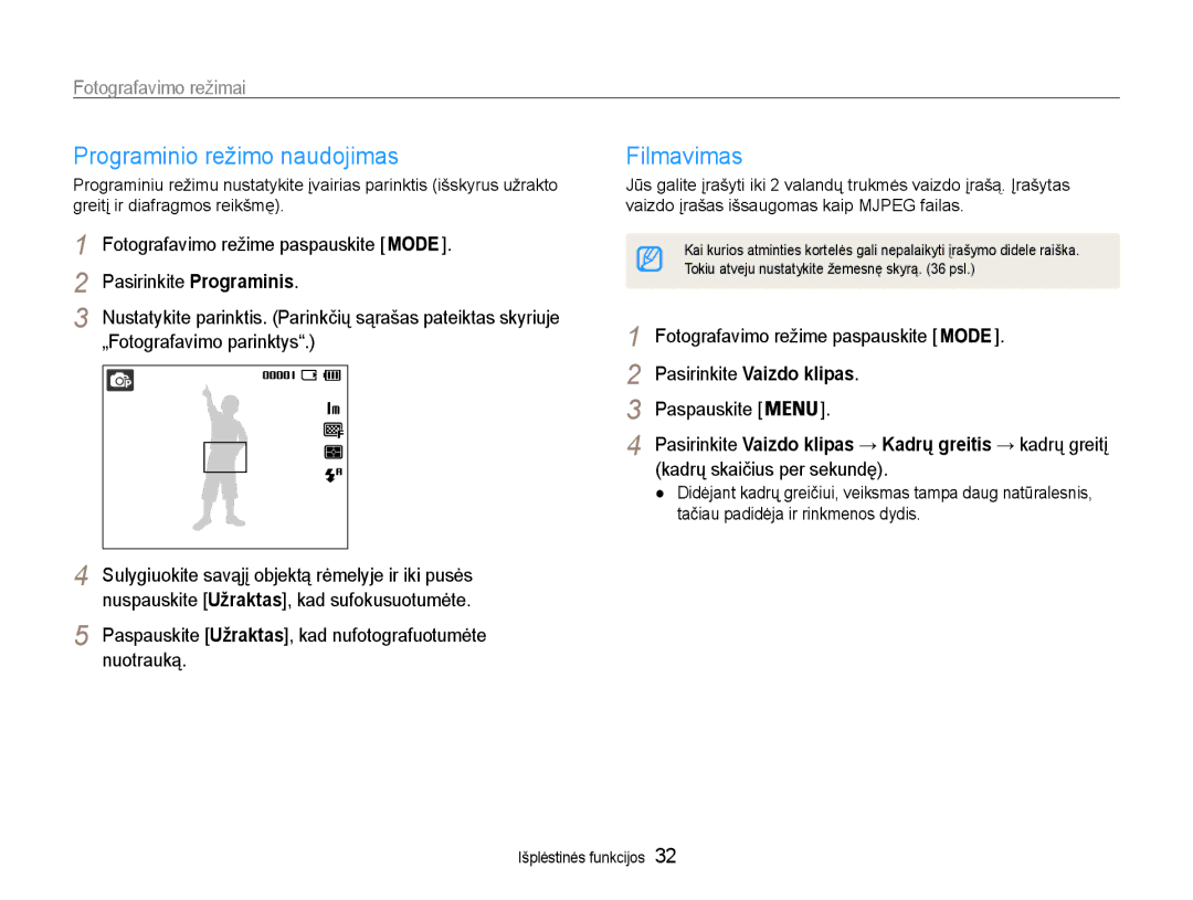 Samsung EC-ES9ZZZBABE2 manual Programinio režimo naudojimas, Filmavimas, Pasirinkite Programinis, „Fotografavimo parinktys 