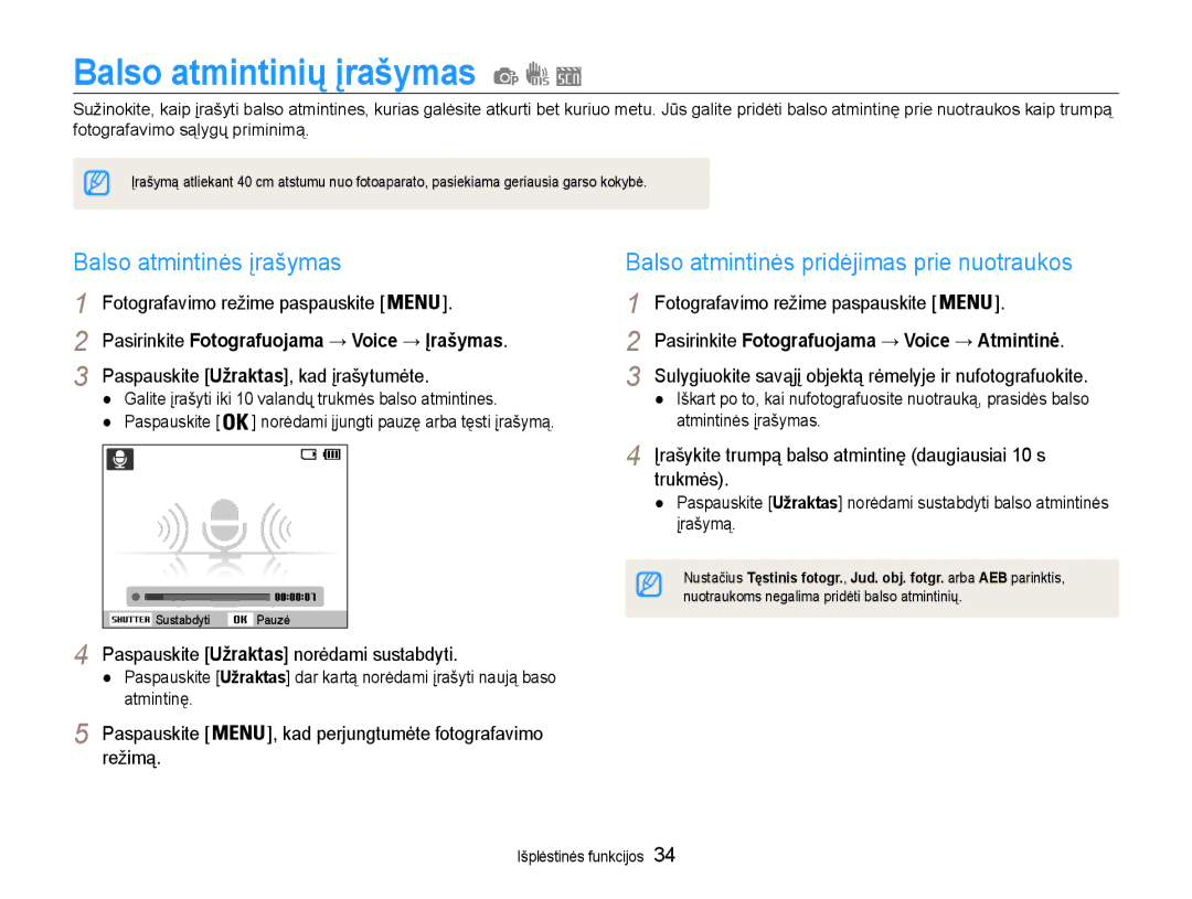 Samsung EC-ES9ZZZBABE2 Balso atmintinių įrašymas, Balso atmintinės įrašymas, Balso atmintinės pridėjimas prie nuotraukos 