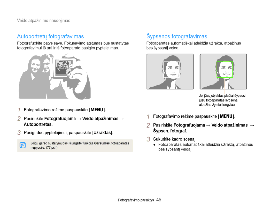 Samsung EC-ES9ZZZBASE2 Autoportretų fotografavimas, Šypsenos fotografavimas, Veido atpažinimo naudojimas, Autoportretas 