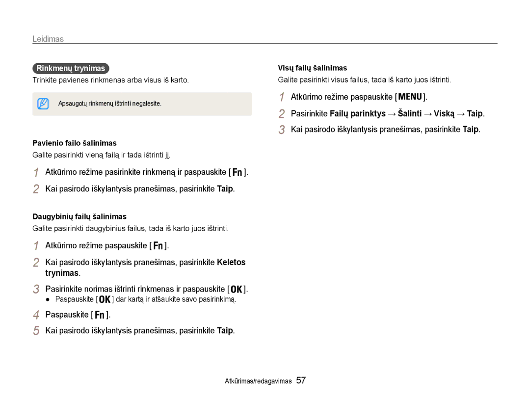 Samsung EC-ES9ZZZBASE2, EC-ES9ZZZBABE2 manual Trynimas, Rinkmenų trynimas, Visų failų šalinimas, Pavienio failo šalinimas 